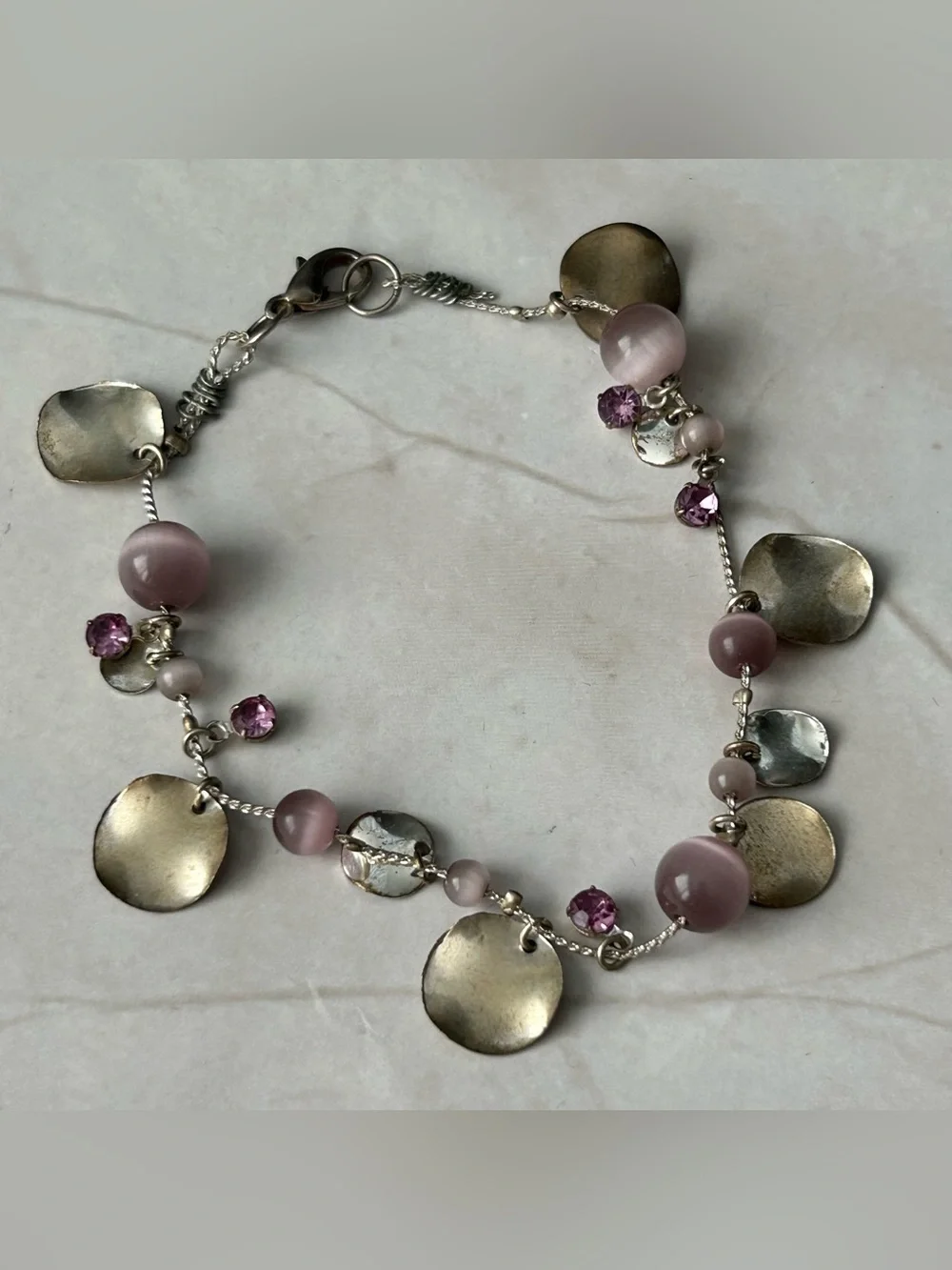 Vintage Silver-Tone Pink Bead & Disc Charm Bracelet